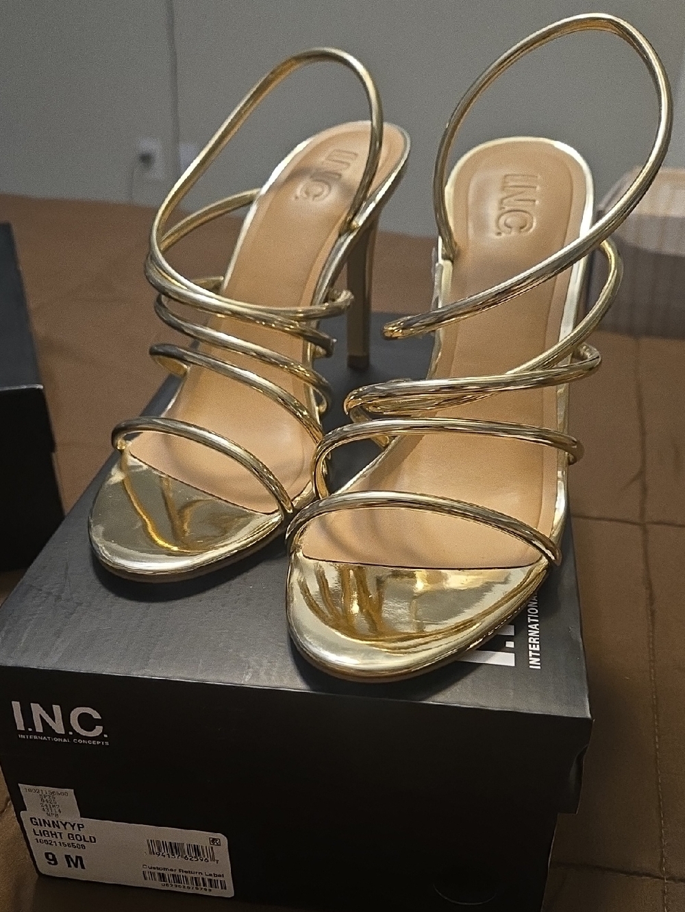 INC International Concepts Metallic Gold Multi-Strap Stiletto Sandals